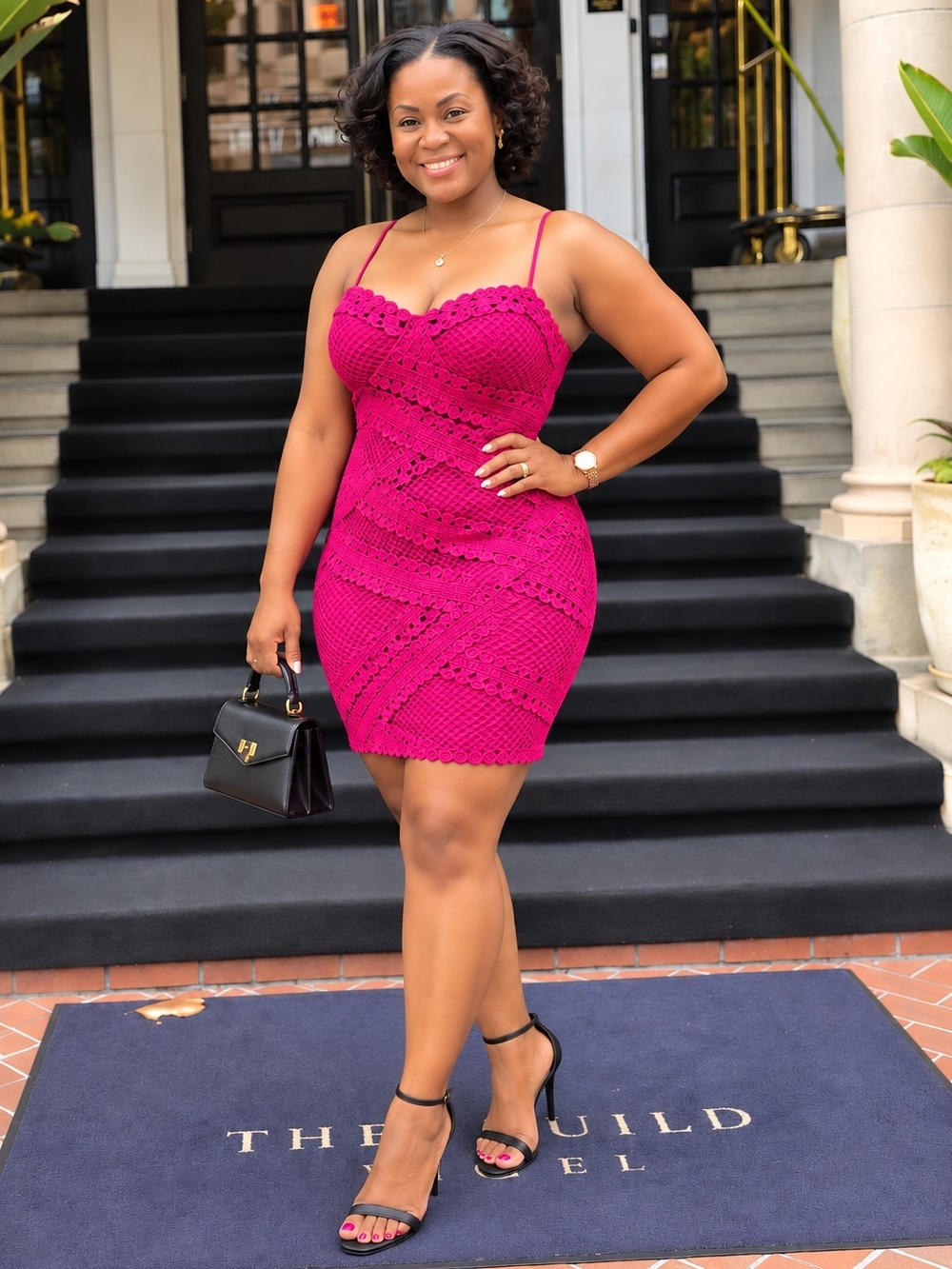 Entry Fuchsia Crochet Bodycon Mini Dress with Spaghetti Straps